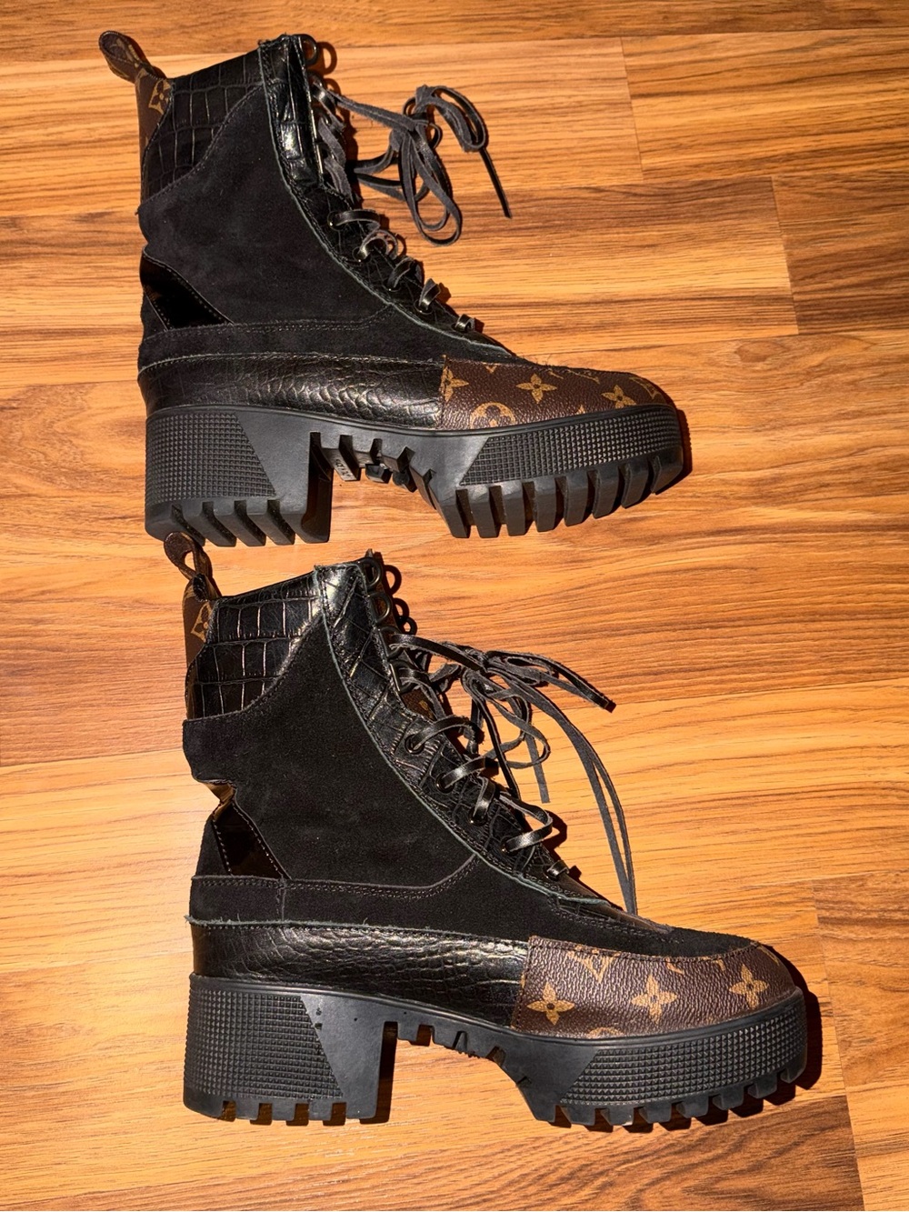 Black Platform Combat Boots with Monogram Accent